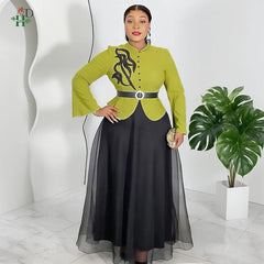 African Fashion Plus Size Long Sleeve Dress – Elegant Gauze Gown for Weddings and Daily Wear - Free Delivery Worldwide only at Flexi Africa