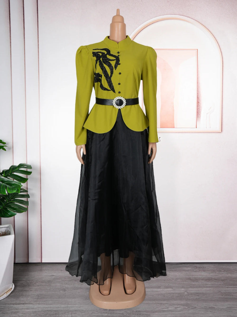 African Fashion Plus Size Long Sleeve Dress – Elegant Gauze Gown for Weddings and Daily Wear - Free Delivery Worldwide only at Flexi Africa