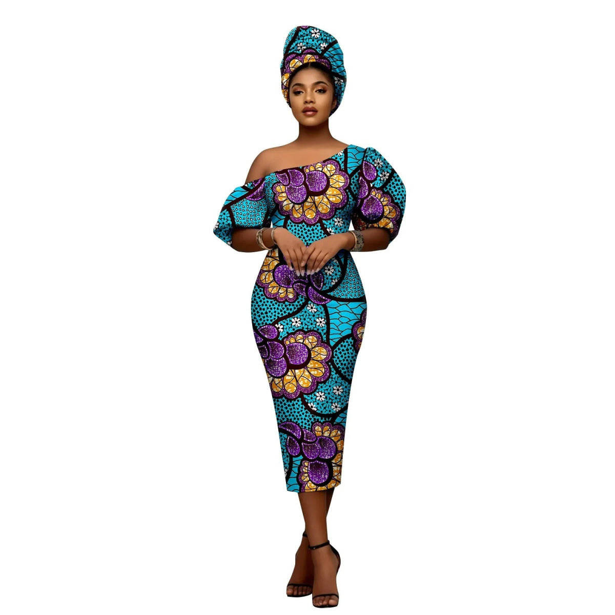 African Heritage Dress – Slim Fit Dashiki Gown with Puff Sleeves and Headwrap - Free Delivery Worldwide only at Flexi Africa