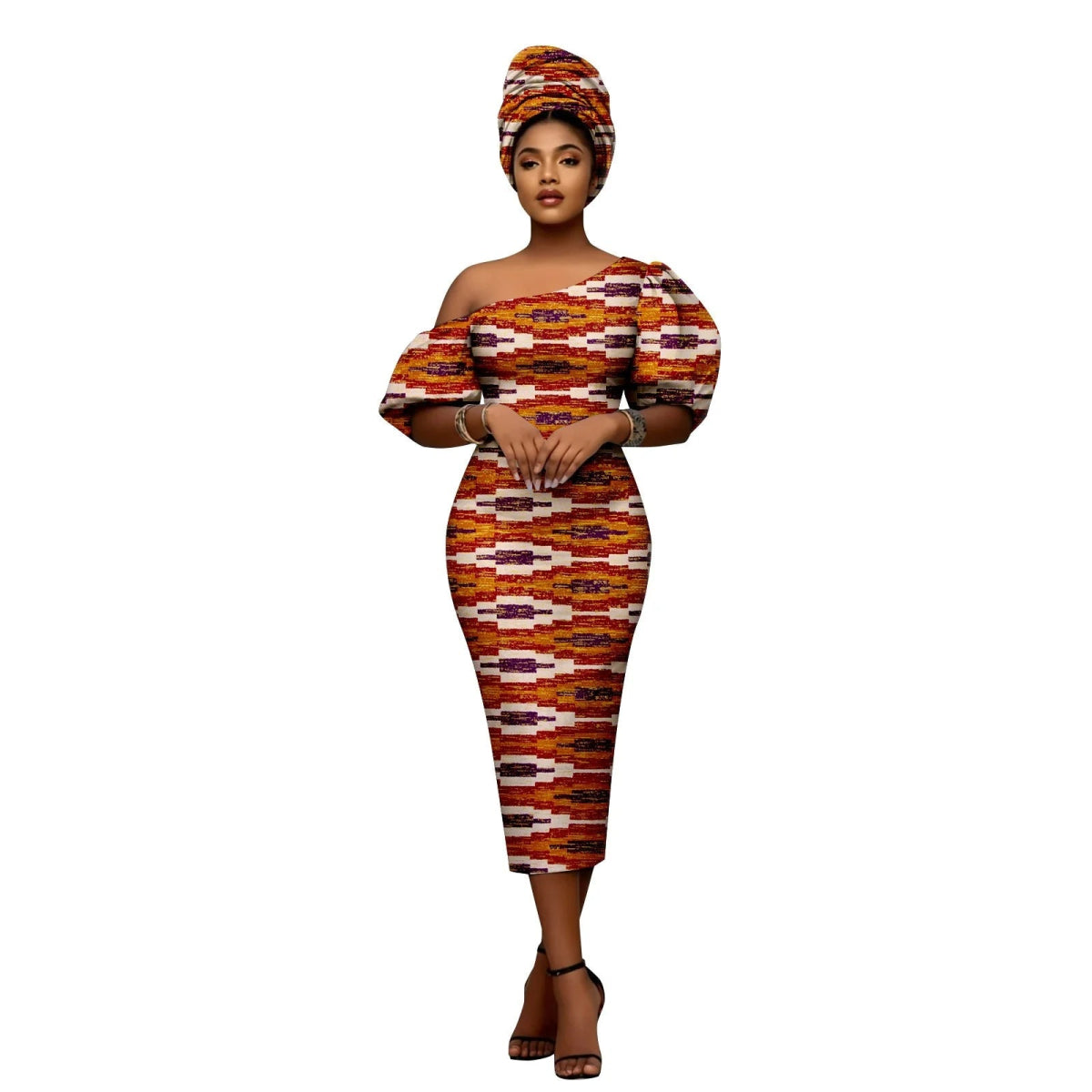 African Heritage Dress – Slim Fit Dashiki Gown with Puff Sleeves and Headwrap - Free Delivery Worldwide only at Flexi Africa