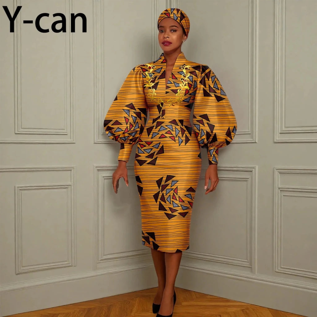 African Long Party Dress for Women – Puff Sleeve V - Neck Slim Dress Free Delivery Worldwide only at Flexi Africa