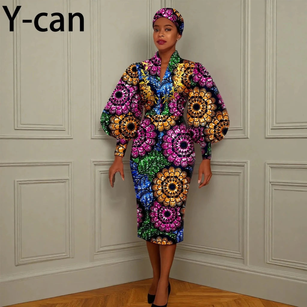 African Long Party Dress for Women – Puff Sleeve V - Neck Slim Dress Free Delivery Worldwide only at Flexi Africa