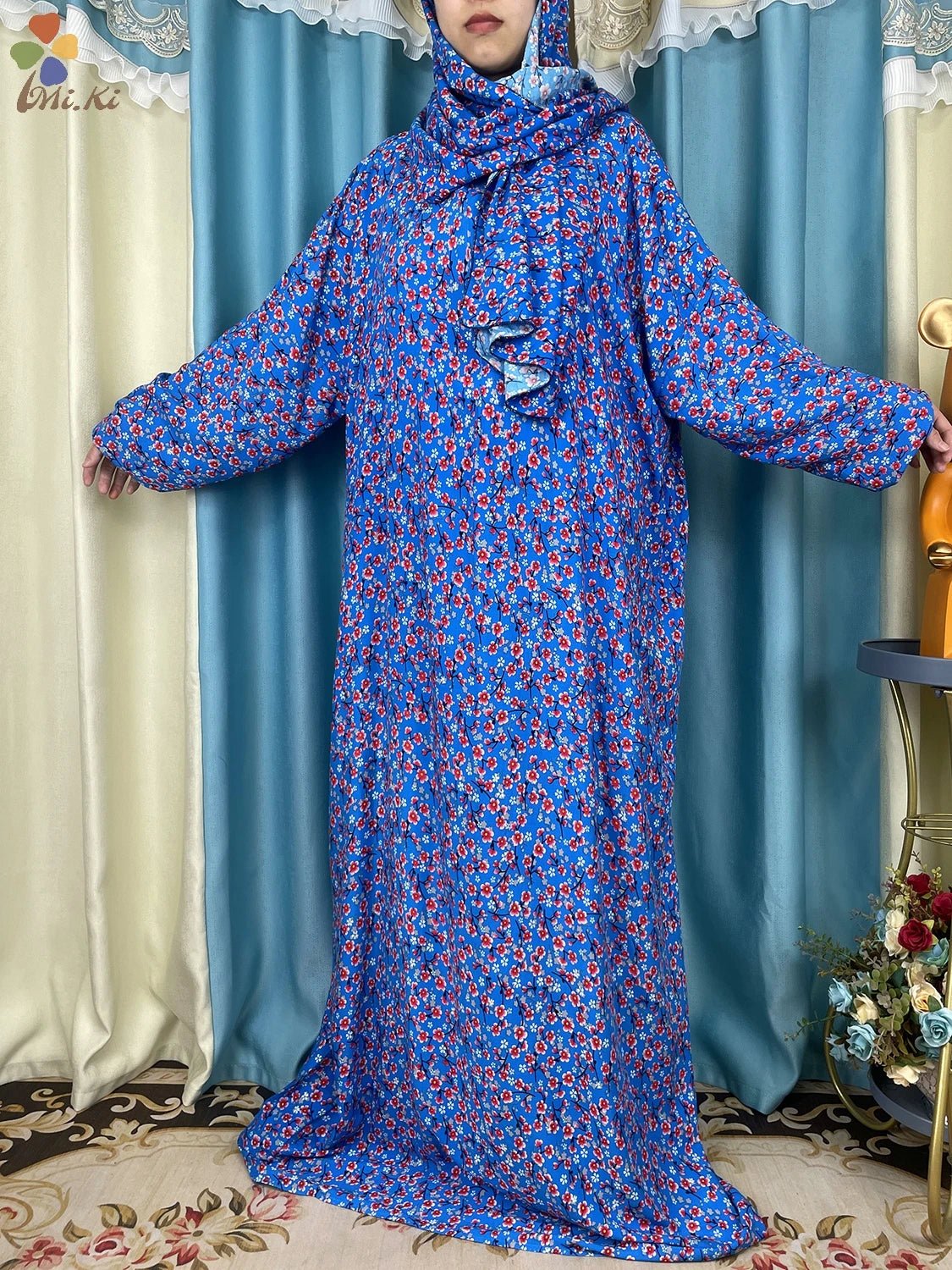 African Muslim Women Hooded Cotton Prayer Garment Kaftan With Hijab Floral Prints - Flexi Africa - www.flexiafrica.com