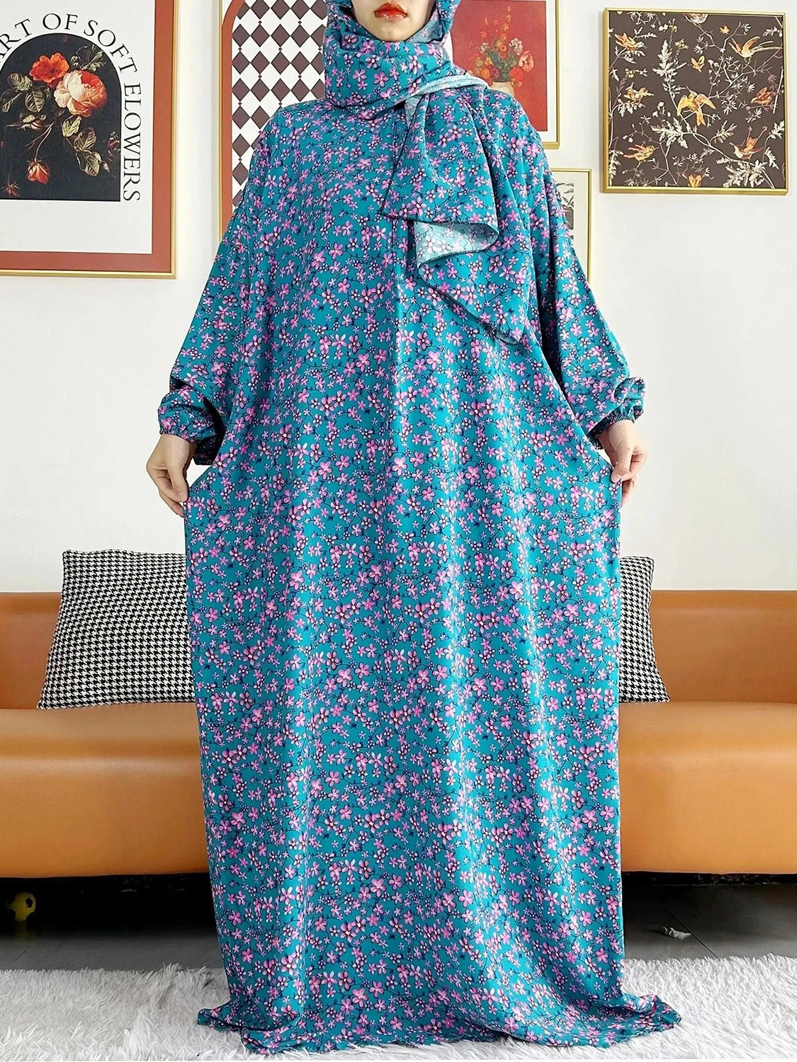 African Muslim Women Hooded Cotton Prayer Garment Kaftan With Hijab Floral Prints - Flexi Africa - www.flexiafrica.com