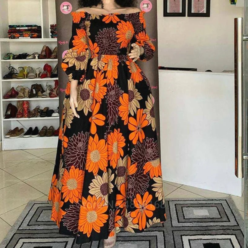 African National Print Party Dress Women Casual Sexy Slash - neck Lady Maxi Dress New Vintage Long - sleeved Loose Elegant Dresses - Free Delivery Worldwide only at Flexi Africa