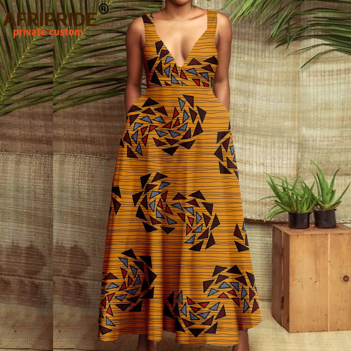 African Print Dresses for Women Maxi Dress Deep V - neck Sleeveless High Waist Plus Size Casual Ankara Attire Sexy Party A2225015 - Free Delivery Worldwide only at Flexi Africa
