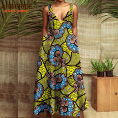 African Print Dresses for Women Maxi Dress Deep V - neck Sleeveless High Waist Plus Size Casual Ankara Attire Sexy Party A2225015 - Free Delivery Worldwide only at Flexi Africa