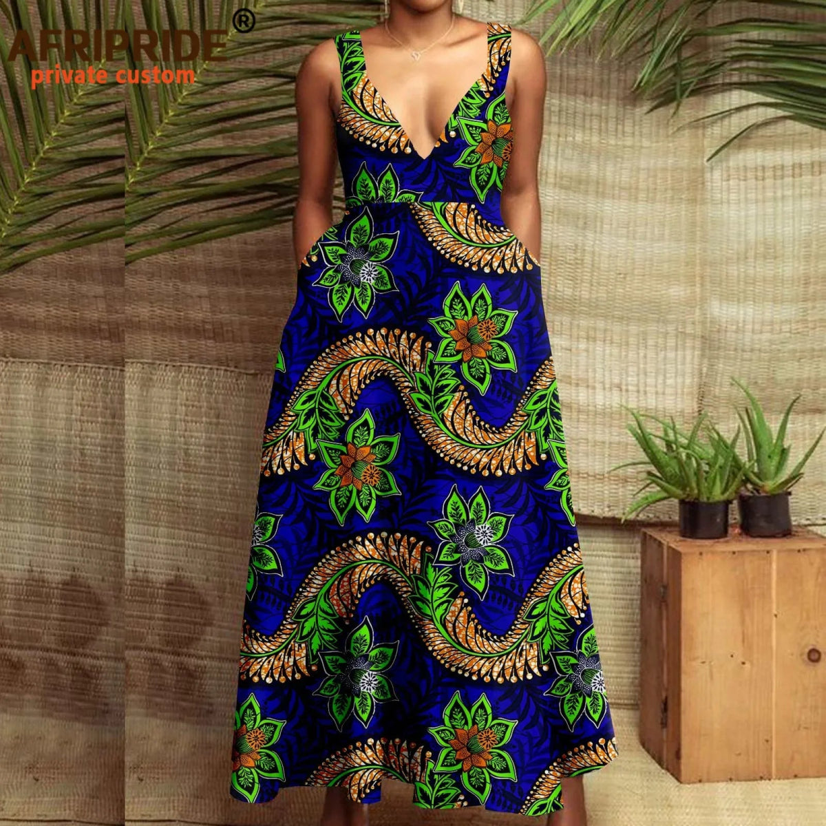 African Print Dresses for Women Maxi Dress Deep V - neck Sleeveless High Waist Plus Size Casual Ankara Attire Sexy Party A2225015 - Free Delivery Worldwide only at Flexi Africa