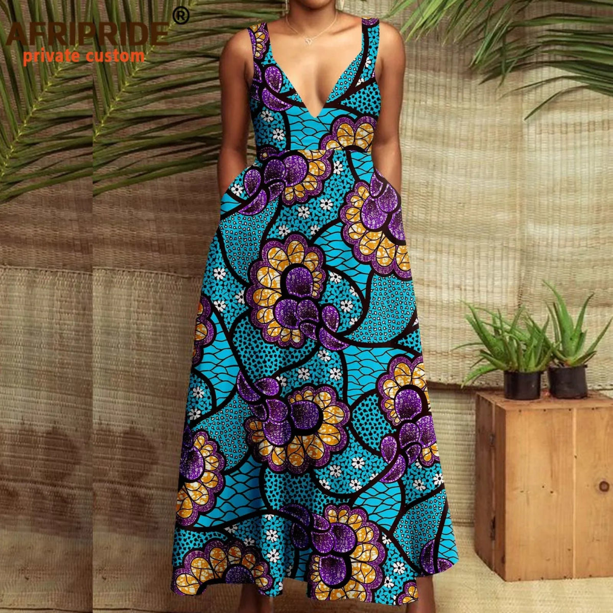African Print Dresses for Women Maxi Dress Deep V - neck Sleeveless High Waist Plus Size Casual Ankara Attire Sexy Party A2225015 - Free Delivery Worldwide only at Flexi Africa