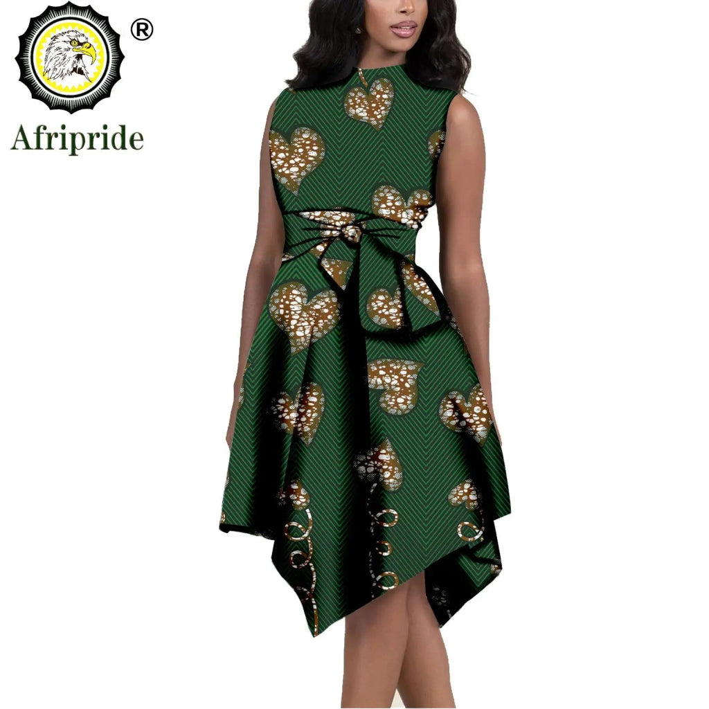 African Print Dresses for Women – Sleeveless Dashiki Ankara Knee Dress with Belt - Free Delivery Worldwide only at Flexi Africa
