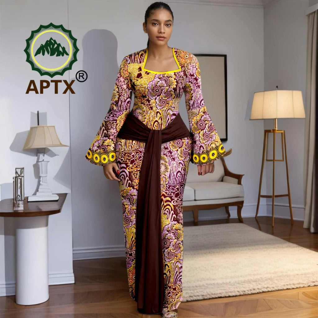 African Print Women’s Floor - Length Dress – Square Collar Long Sleeve Dashiki Gown with Belt - Free Delivery Worldwide only at Flexi Africa