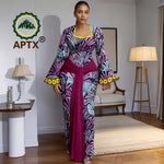 African Print Women’s Floor - Length Dress – Square Collar Long Sleeve Dashiki Gown with Belt - Free Delivery Worldwide only at Flexi Africa