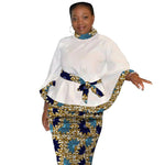 African Print Women’s Two - Piece Outfit – Tailored White Blouse and Belted Wax Skirt - Free Delivery Worldwide only at Flexi Africa