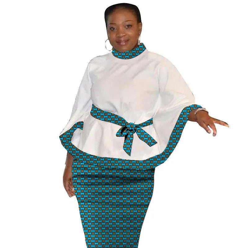 African Print Women’s Two - Piece Outfit – Tailored White Blouse and Belted Wax Skirt - Free Delivery Worldwide only at Flexi Africa