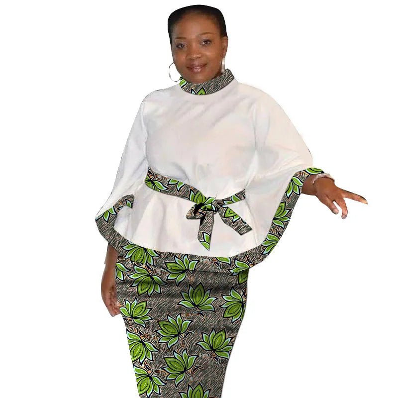 African Print Women’s Two - Piece Outfit – Tailored White Blouse and Belted Wax Skirt - Free Delivery Worldwide only at Flexi Africa