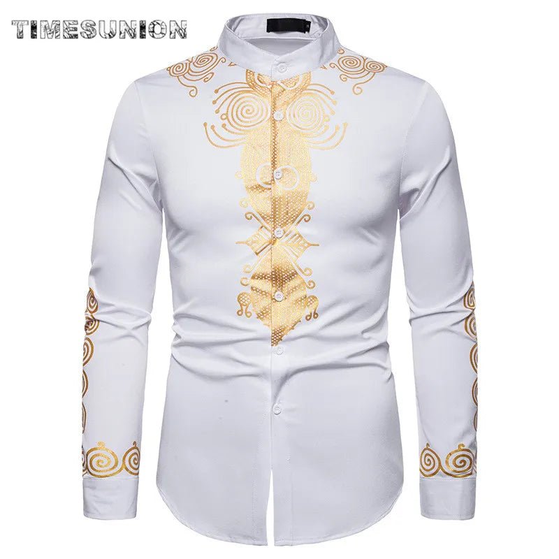 African Tribal Dashiki Totem Print Slim Fit Long Sleeve Mandarin Collar Men's Dress Shirt - Flexi Africa www.flexiafrica.com