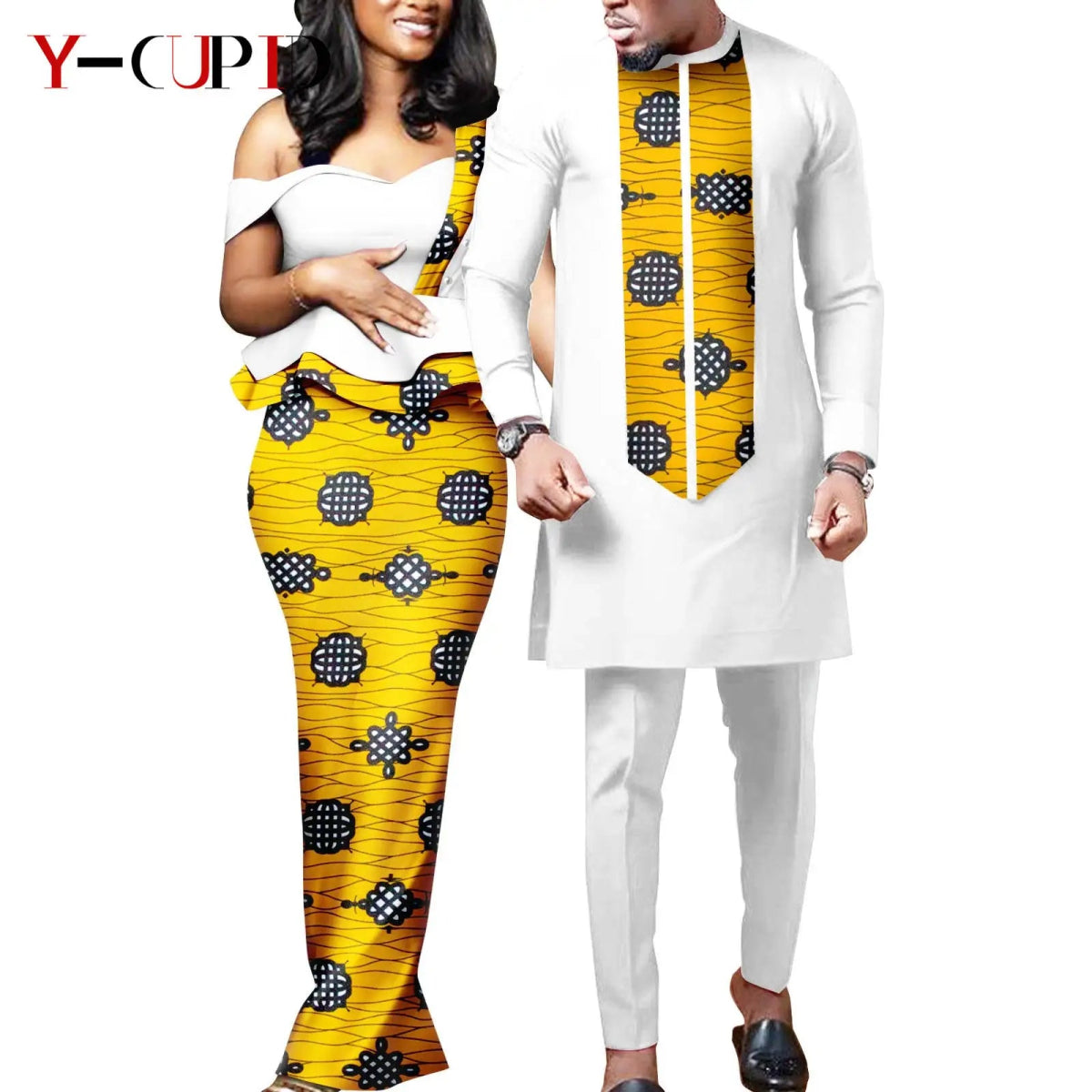 African Wedding Couple Set – Women’s Dashiki Print Dress & Men’s Kaftan Top and Pant Outfit - Free Delivery Worldwide only at Flexi Africa