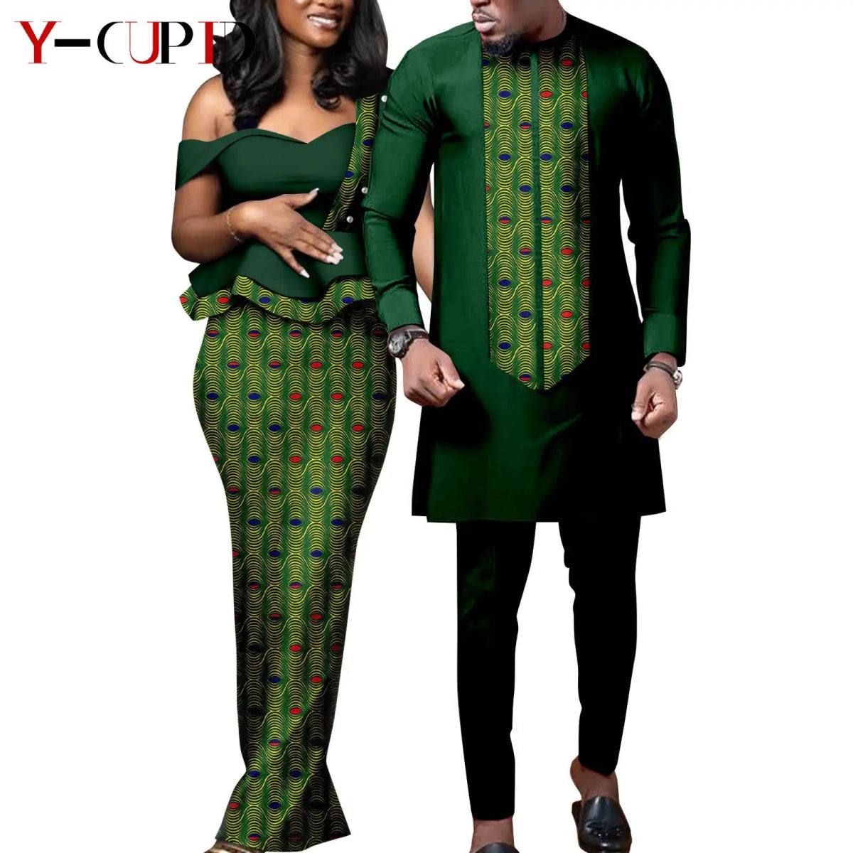 African Wedding Couple Set – Women’s Dashiki Print Dress & Men’s Kaftan Top and Pant Outfit - Free Delivery Worldwide only at Flexi Africa