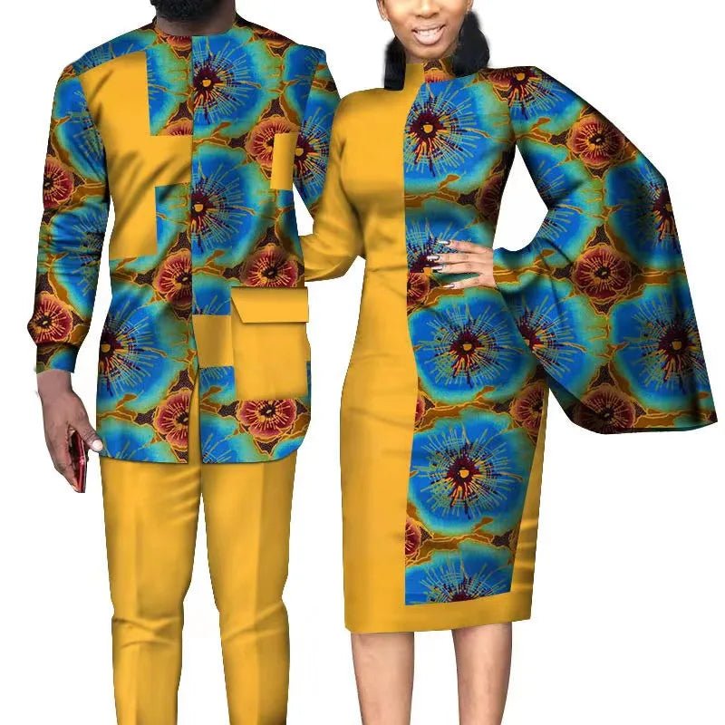 African Wedding Matching Outfit – Slim Women’s Dress and Men’s Patchwork Shirt with Pants - Free Delivery Worldwide only at Flexi Africa
