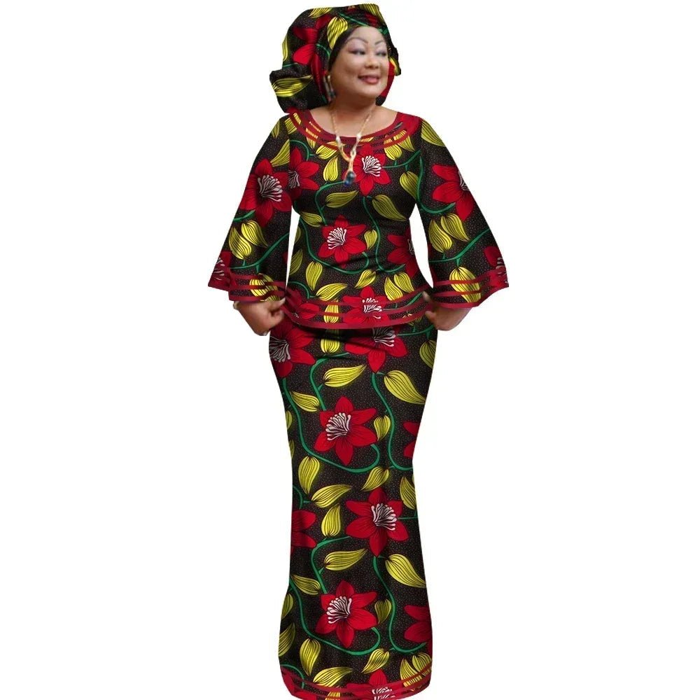 African Women’s Ankara Print 2PC Outfit – Long Sleeve Dashiki Top & Skirt Set with Matching Headwrap - Free Delivery Worldwide only at Flexi Africa