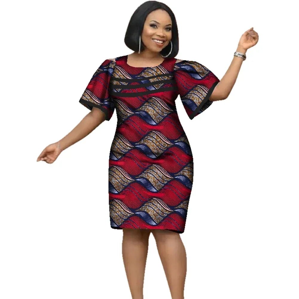 African Women’s Cotton Wax Print Dress – Dashiki Short Sleeve O - Neck Pencil Dress - Free Delivery Worldwide only at Flexi Africa