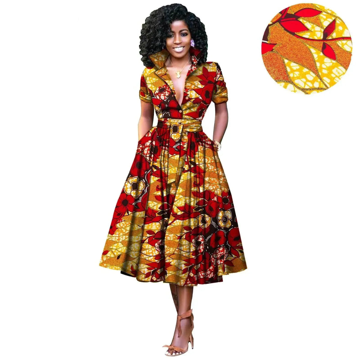 African Women’s Dress – Elegant V - Neck Short Sleeve High - Waist Formal Dress - Free Delivery Worldwide only at Flexi Africa