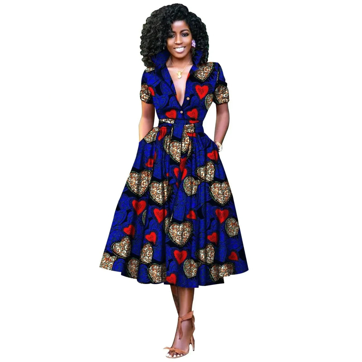 African Women’s Dress – Elegant V - Neck Short Sleeve High - Waist Formal Dress - Free Delivery Worldwide only at Flexi Africa
