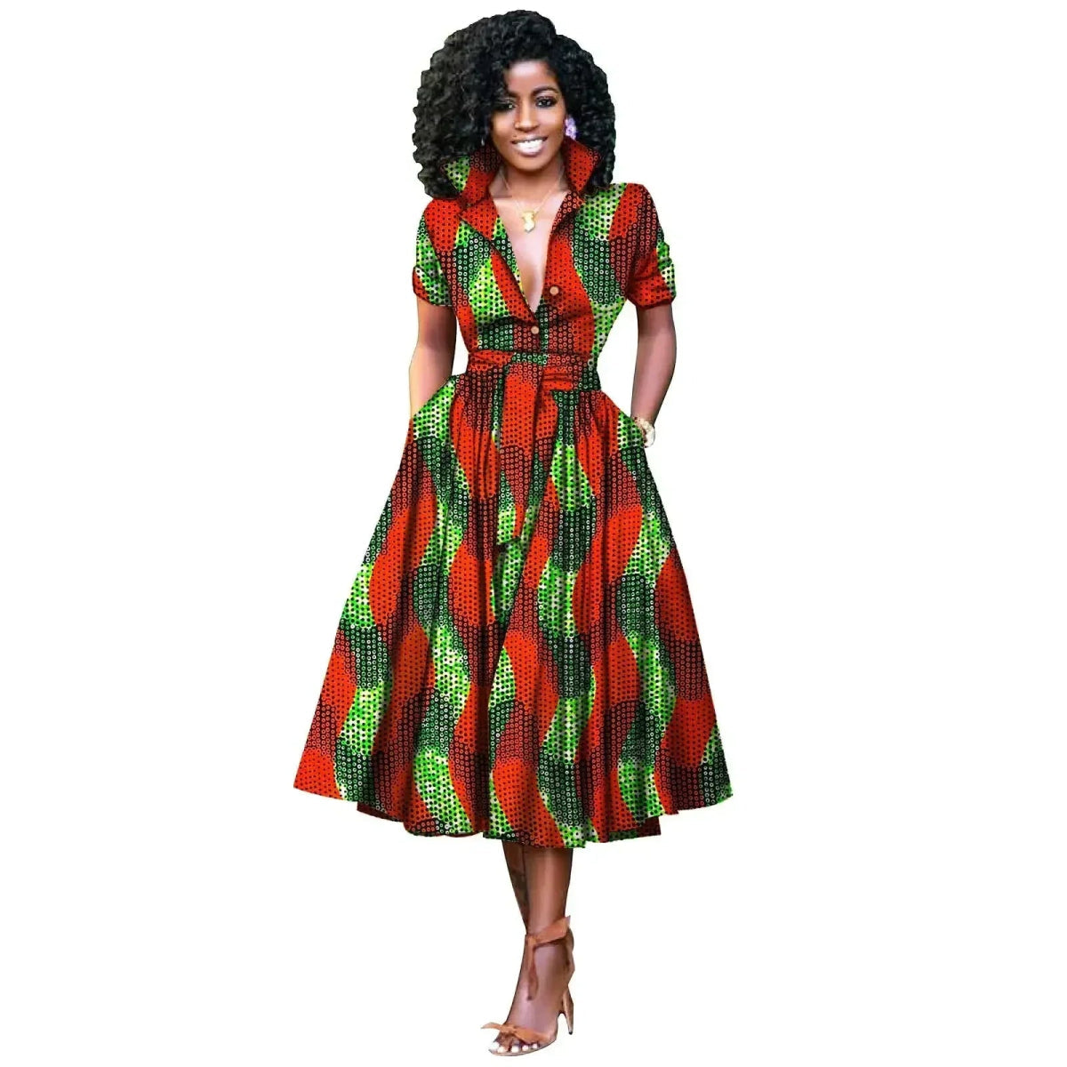 African Women’s Dress – Elegant V - Neck Short Sleeve High - Waist Formal Dress - Free Delivery Worldwide only at Flexi Africa