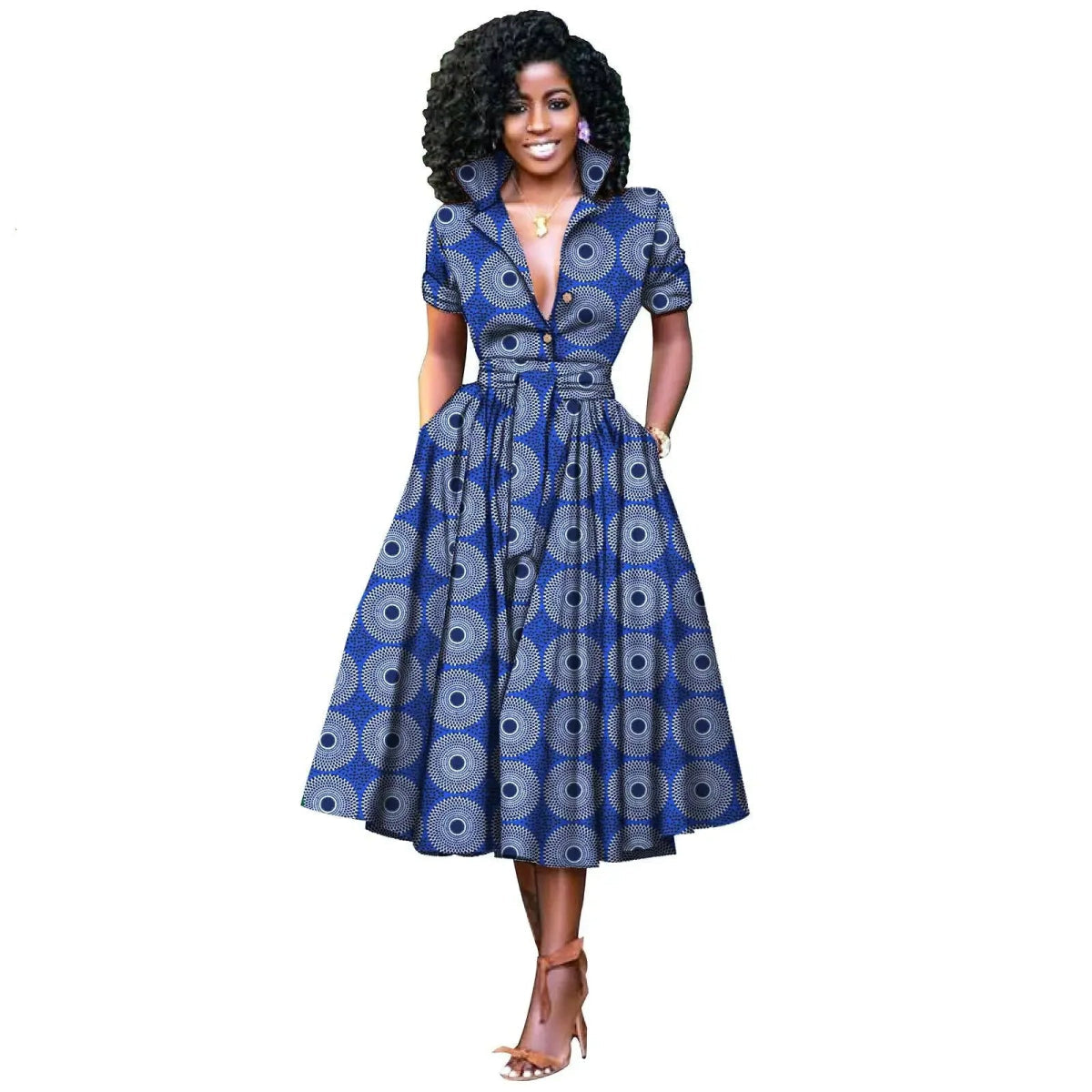 African Women’s Dress – Elegant V - Neck Short Sleeve High - Waist Formal Dress - Free Delivery Worldwide only at Flexi Africa