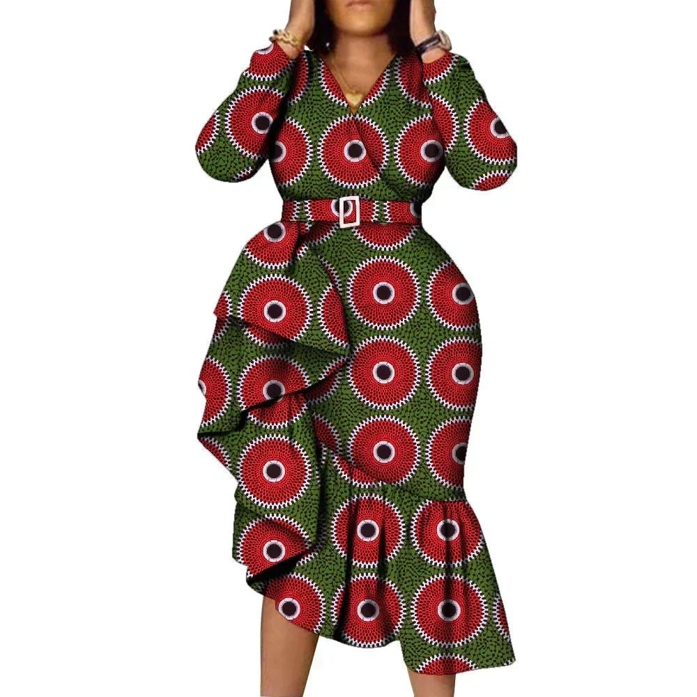 African Women’s Long Sleeve Dress – Wax Print Kitenge Ruffle Design with Irregular Hem Party Gown - Free Delivery Worldwide only at Flexi Africa