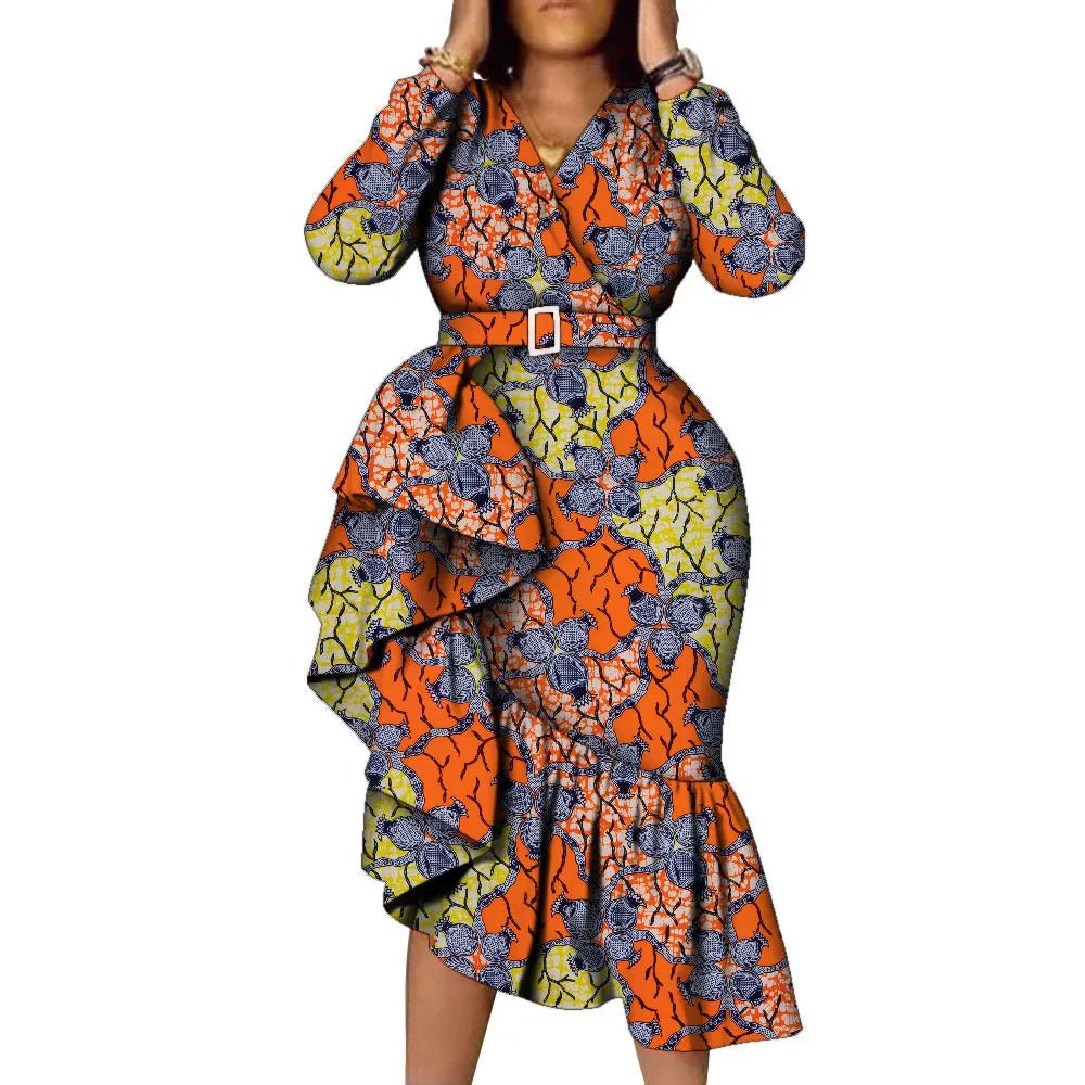 African Women’s Long Sleeve Dress – Wax Print Kitenge Ruffle Design with Irregular Hem Party Gown - Free Delivery Worldwide only at Flexi Africa