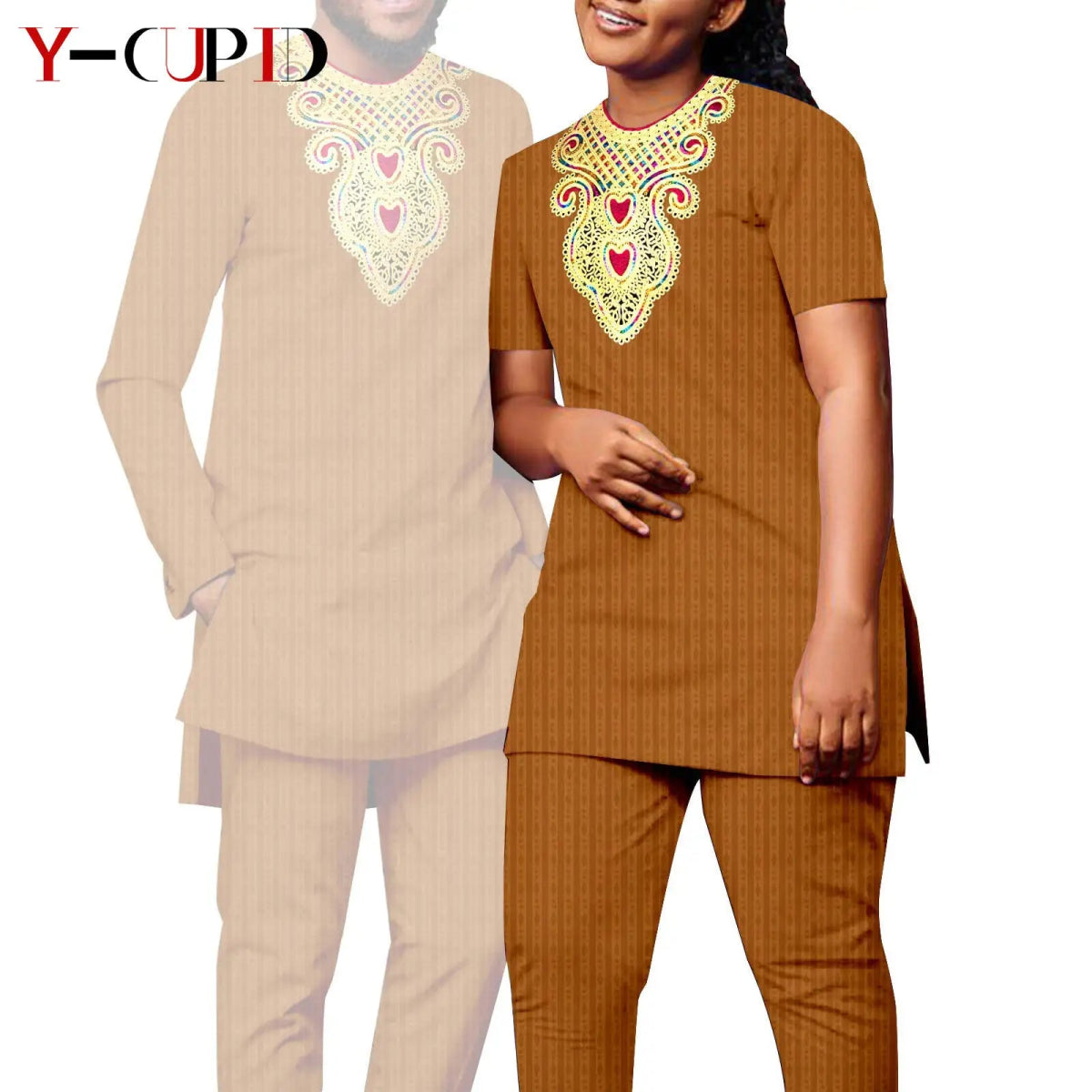 Bazin Riche Couple Outfit – Women’s Jacquard Top & Pants Set with Matching Men’s Kaftan Party Wear - Free Delivery Worldwide only at Flexi Africa