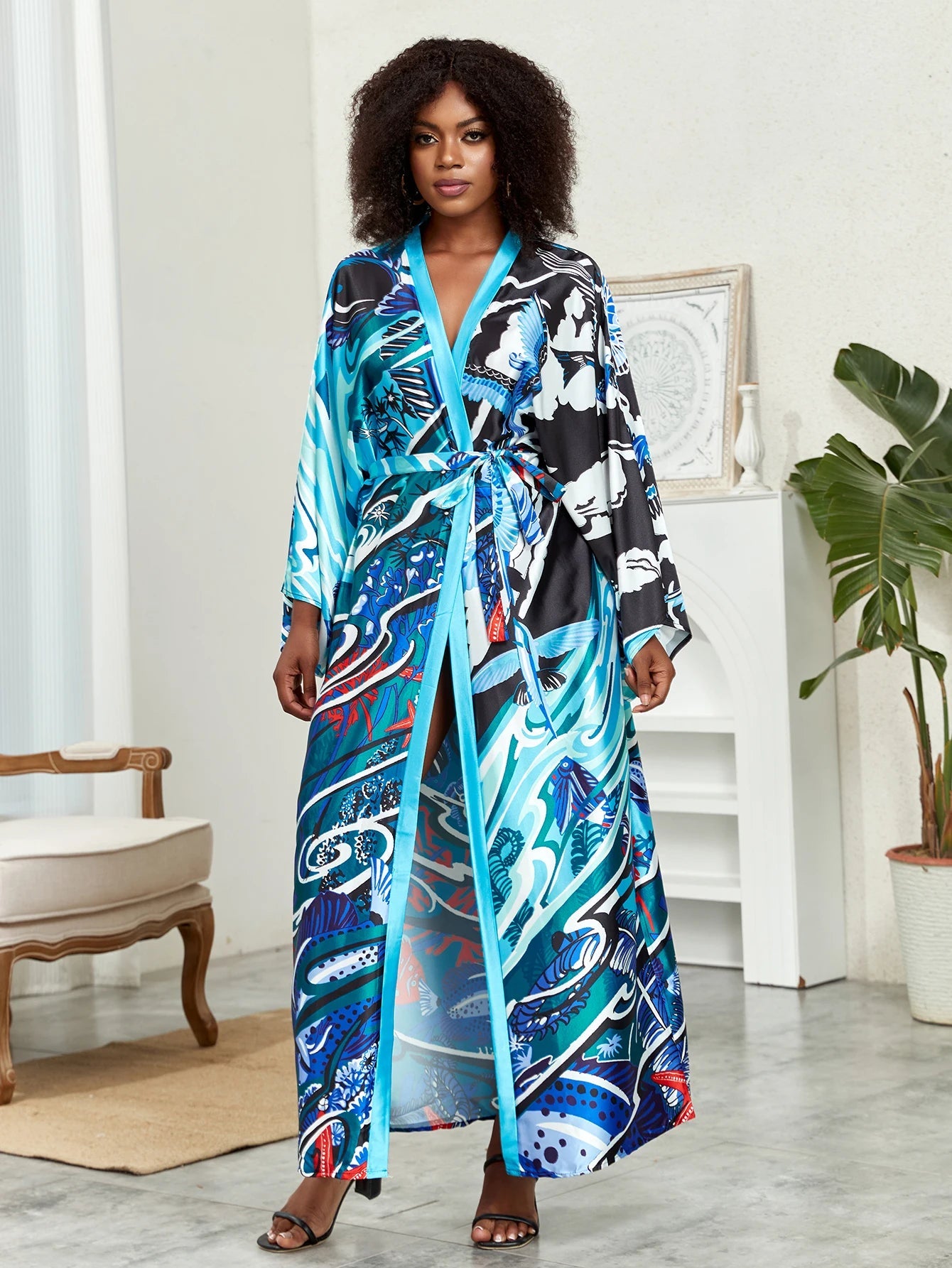 Boho Chic: Plus Size Lotus Print Kimono Cover Up with Open Front and Belt - Free Delivery Worldwide only at Flexi Africa