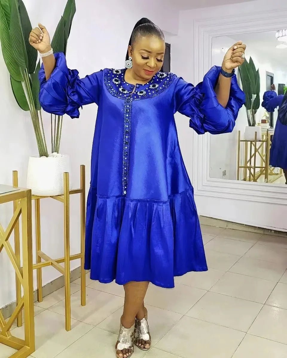 Chic Plus Size African Diamond Dress: Stylish Loose Fit, Elegant Puff Sleeves - Flexi Africa - Free POST www.flexiafrica.com