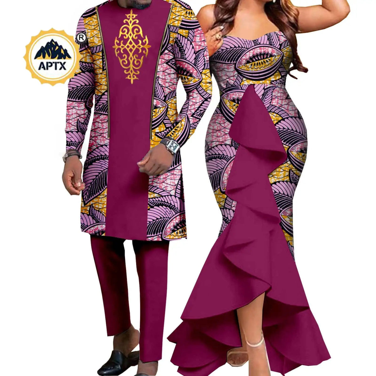 Dashiki African Couple Wedding Set – Women’s Mermaid Dress & Matching Men’s Bazin Riche Shirt and Pants - Free Delivery Worldwide only at Flexi Africa