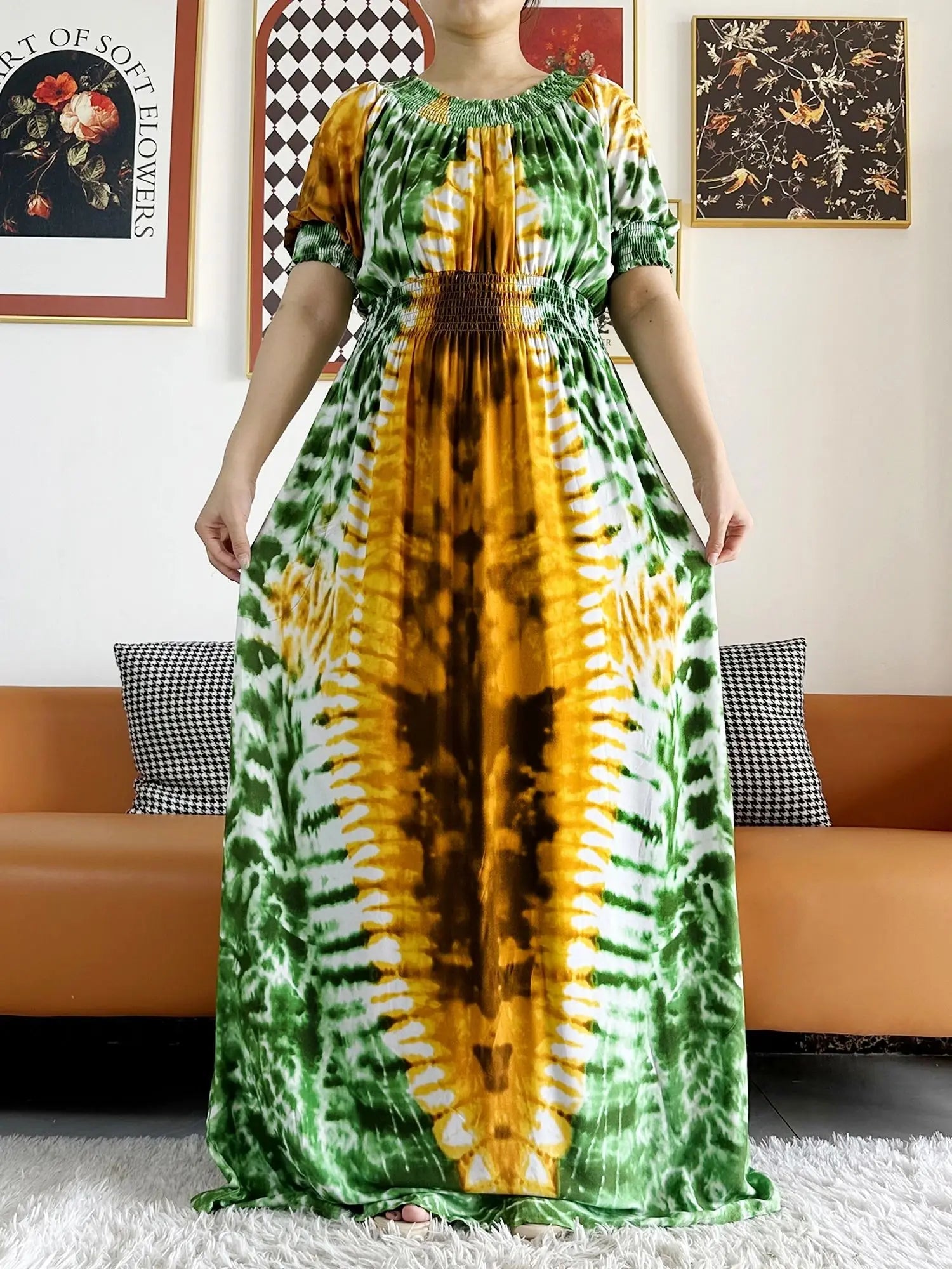 Dashiki Cotton Floral Print Dress for Women - Vibrant Tie-dye Design, Short Sleeves - Flexi Africa - www.flexiafrica.com