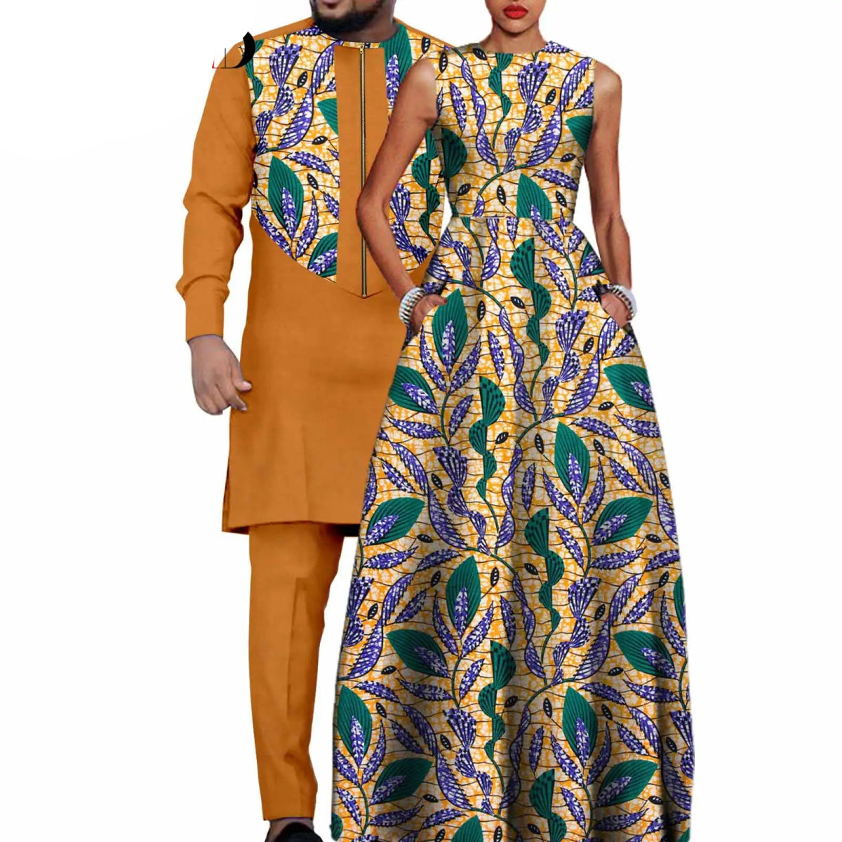 Dashiki Couple Outfit Set – Women’s African Dress with Men’s Bazin Riche Top and Pants for Special Occasions - Free Delivery Worldwide only at Flexi Africa