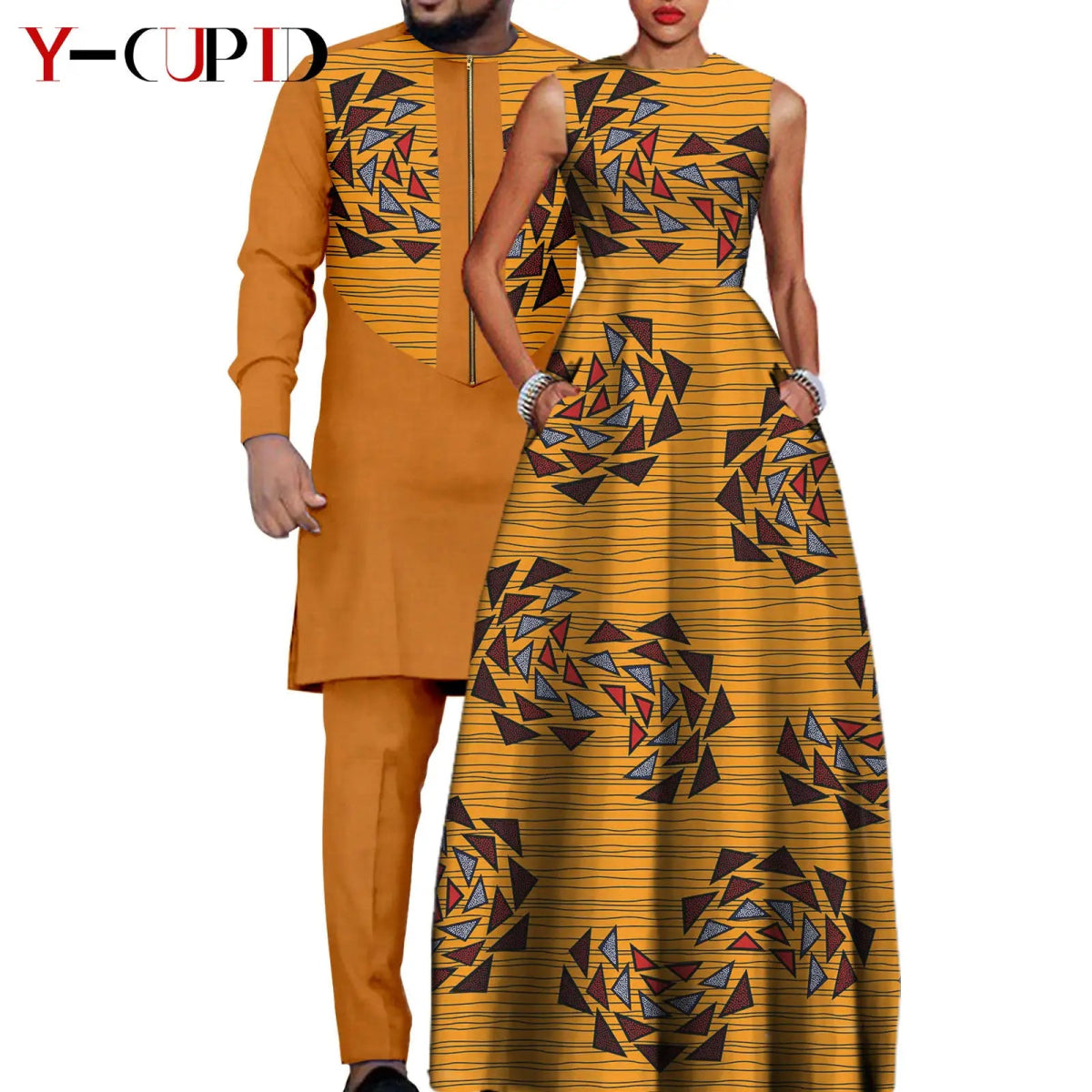 Dashiki Couple Outfit Set – Women’s African Dress with Men’s Bazin Riche Top and Pants for Special Occasions - Free Delivery Worldwide only at Flexi Africa