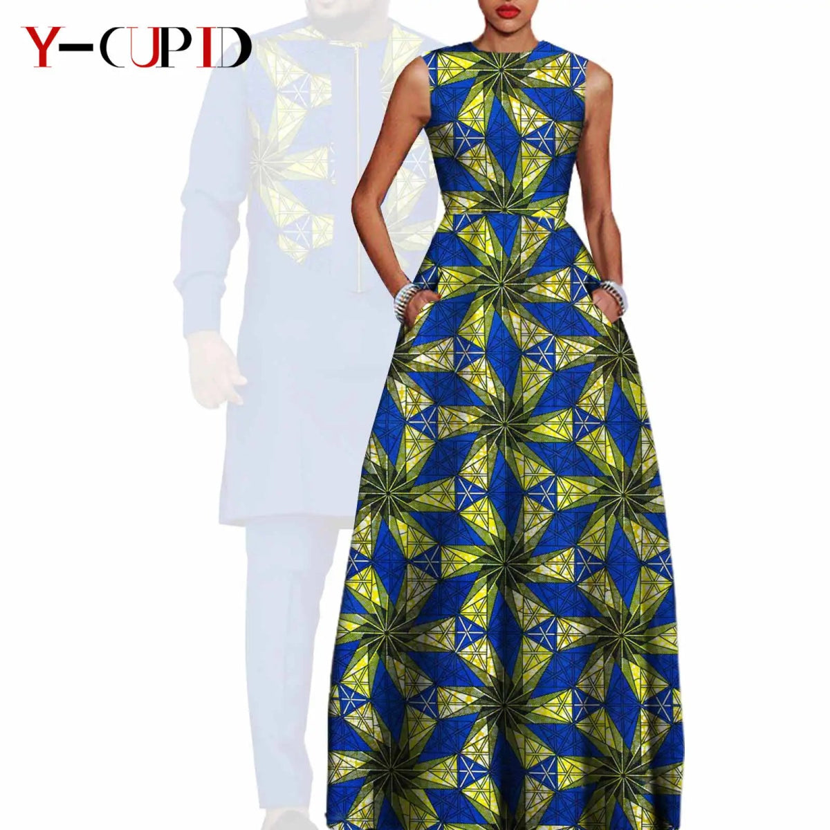 Dashiki Couple Outfit Set – Women’s African Dress with Men’s Bazin Riche Top and Pants for Special Occasions - Free Delivery Worldwide only at Flexi Africa