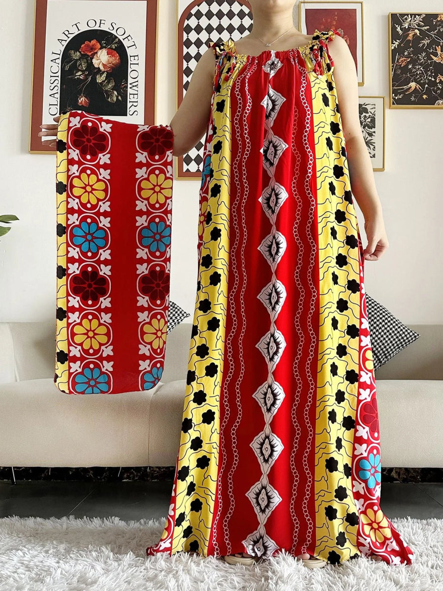 Dashiki Maxi Elegance: Sleeveless Cotton Summer Dress with Matching Scar - Free Delivery Worldwide only at Flexi Africa