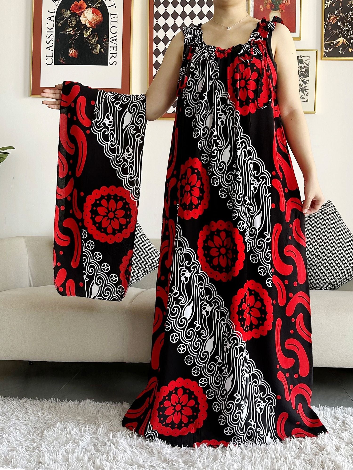 Dashiki Maxi Elegance: Sleeveless Cotton Summer Dress with Matching Scar - Flexi Africa - Free Delivery Worldwide