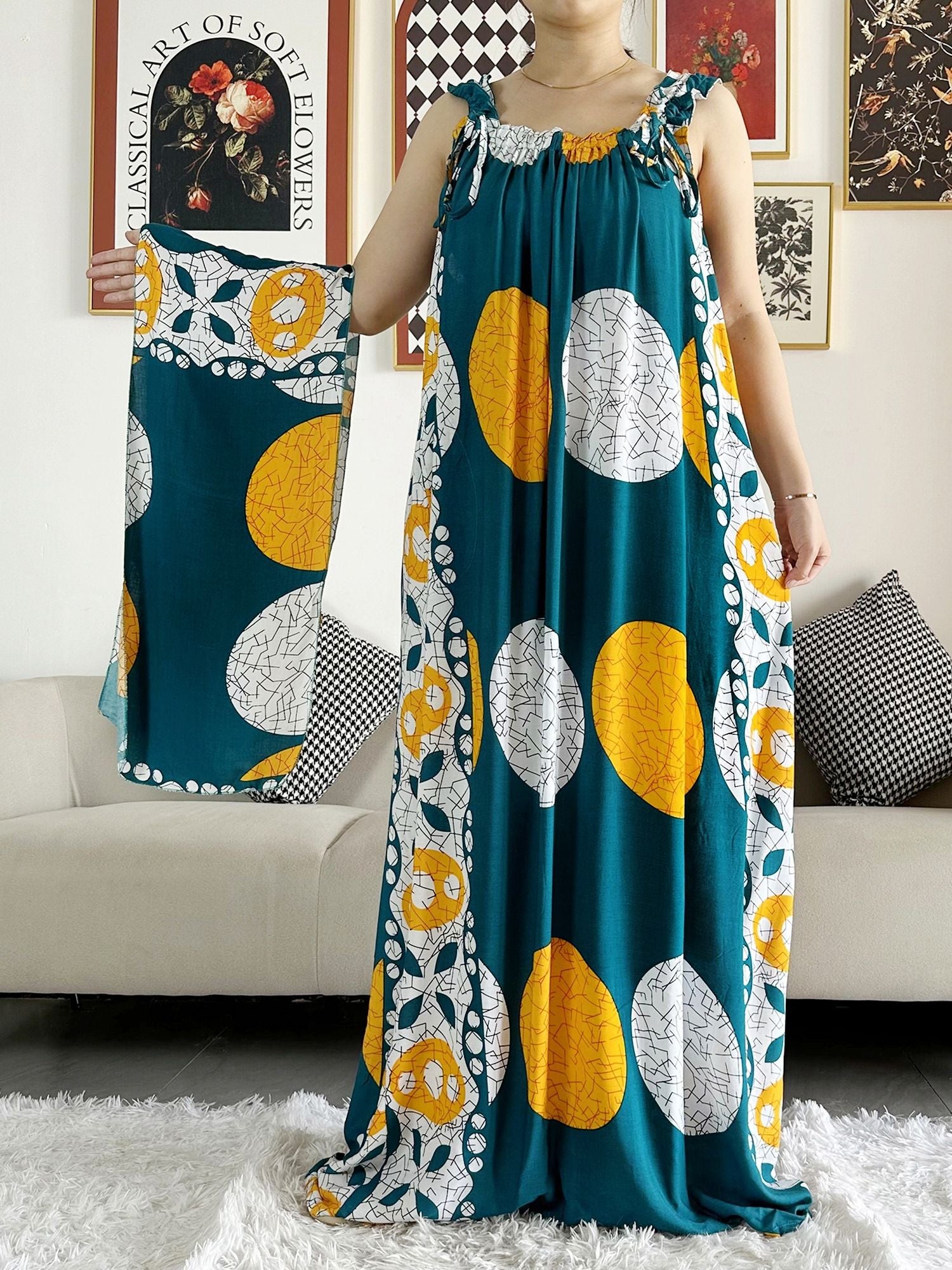 Dashiki Maxi Elegance: Sleeveless Cotton Summer Dress with Matching Scar - Flexi Africa - Free Delivery Worldwide