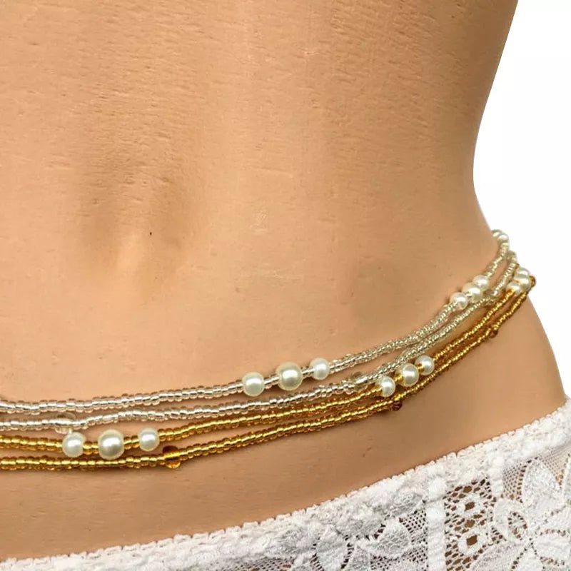 Double Strand Waist Pearl Beads Body Jewelry: Bohemian Belly Beads, Elastic Waist Chain, African Body Waist Bead - FREE POST