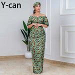 Elegant African Off - Shoulder Maxi Dress with Matching Headscarf & Earrings - Free Delivery Worldwide only at Flexi Africa