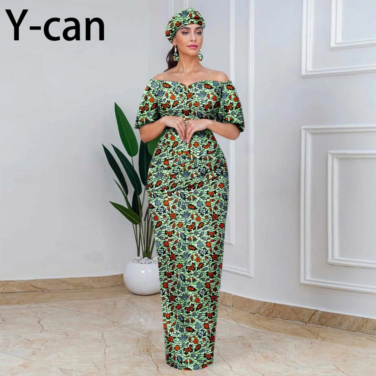 Elegant African Off - Shoulder Maxi Dress with Matching Headscarf & Earrings - Free Delivery Worldwide only at Flexi Africa