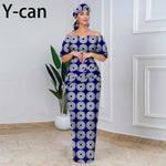 Elegant African Off - Shoulder Maxi Dress with Matching Headscarf & Earrings - Free Delivery Worldwide only at Flexi Africa
