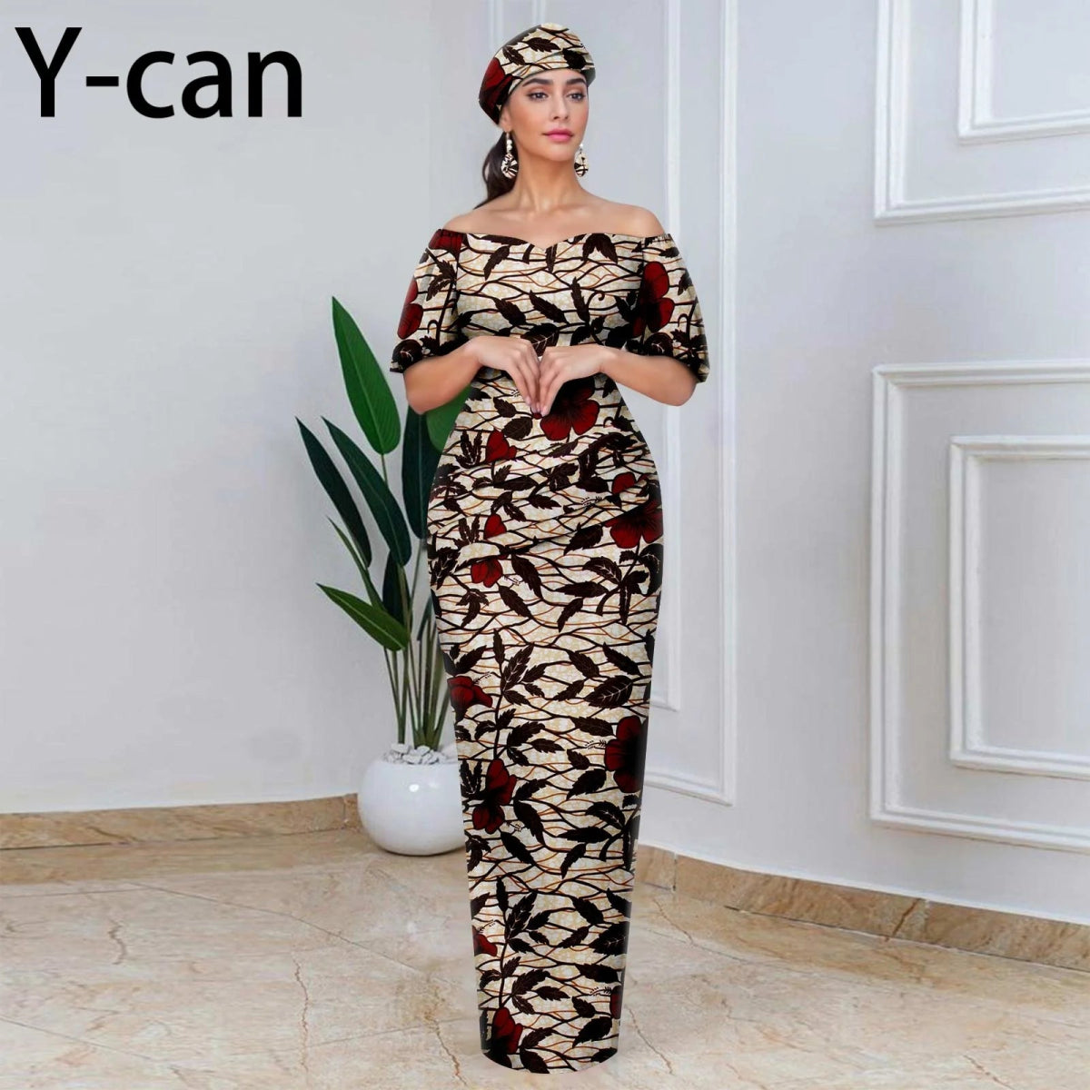 Elegant African Off - Shoulder Maxi Dress with Matching Headscarf & Earrings - Free Delivery Worldwide only at Flexi Africa