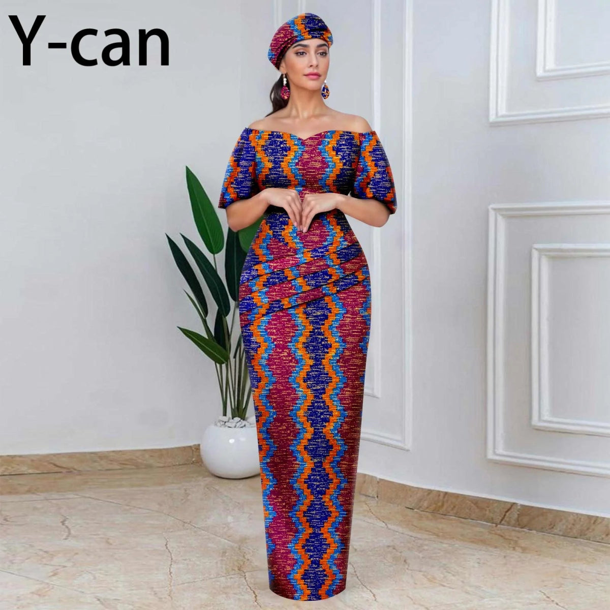 Elegant African Off - Shoulder Maxi Dress with Matching Headscarf & Earrings - Free Delivery Worldwide only at Flexi Africa