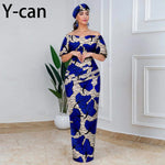 Elegant African Off - Shoulder Maxi Dress with Matching Headscarf & Earrings - Free Delivery Worldwide only at Flexi Africa