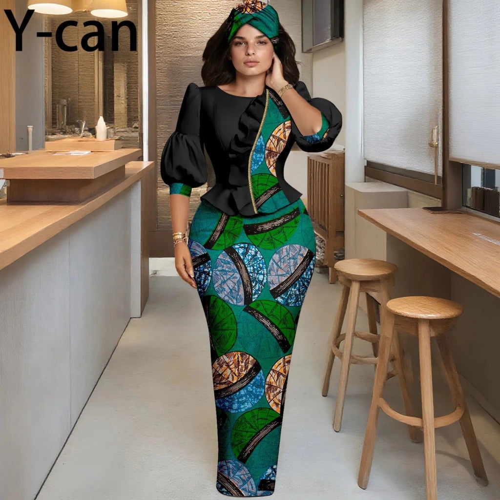 Elegant African Skirt Set – Lantern Sleeve Ruffled Top, Slim Skirt & Matching Headwrap - Free Delivery Worldwide only at Flexi Africa